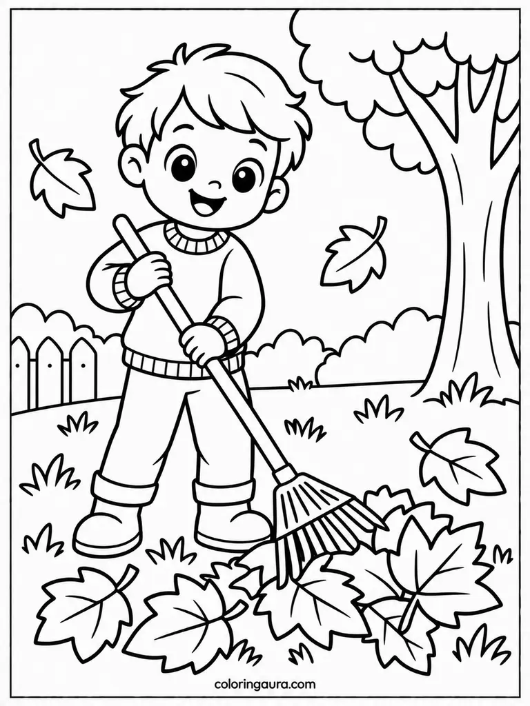 Child Raking Fall Leaves Coloring Page
