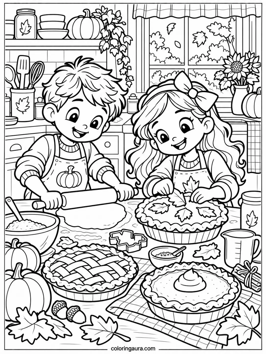 Children Baking Thanksgiving Pies Coloring Page