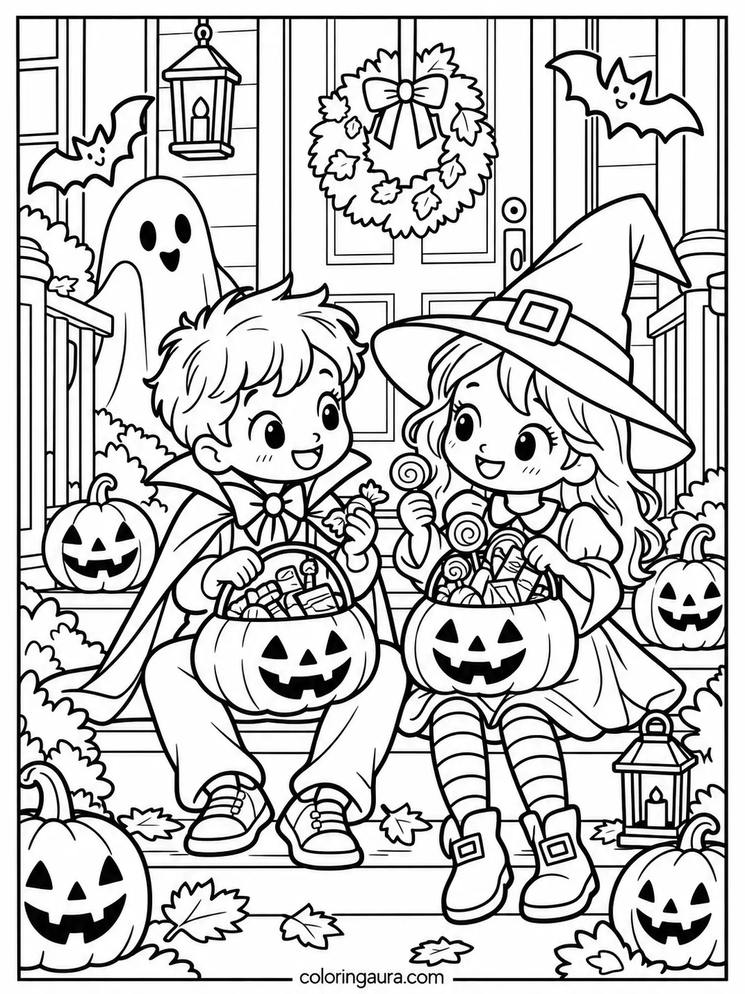 Children Sharing Halloween Candy Coloring Page