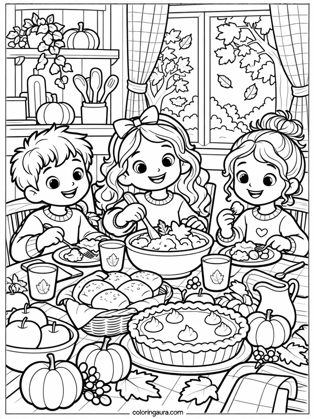 Children Sharing Thanksgiving Meal Coloring Page