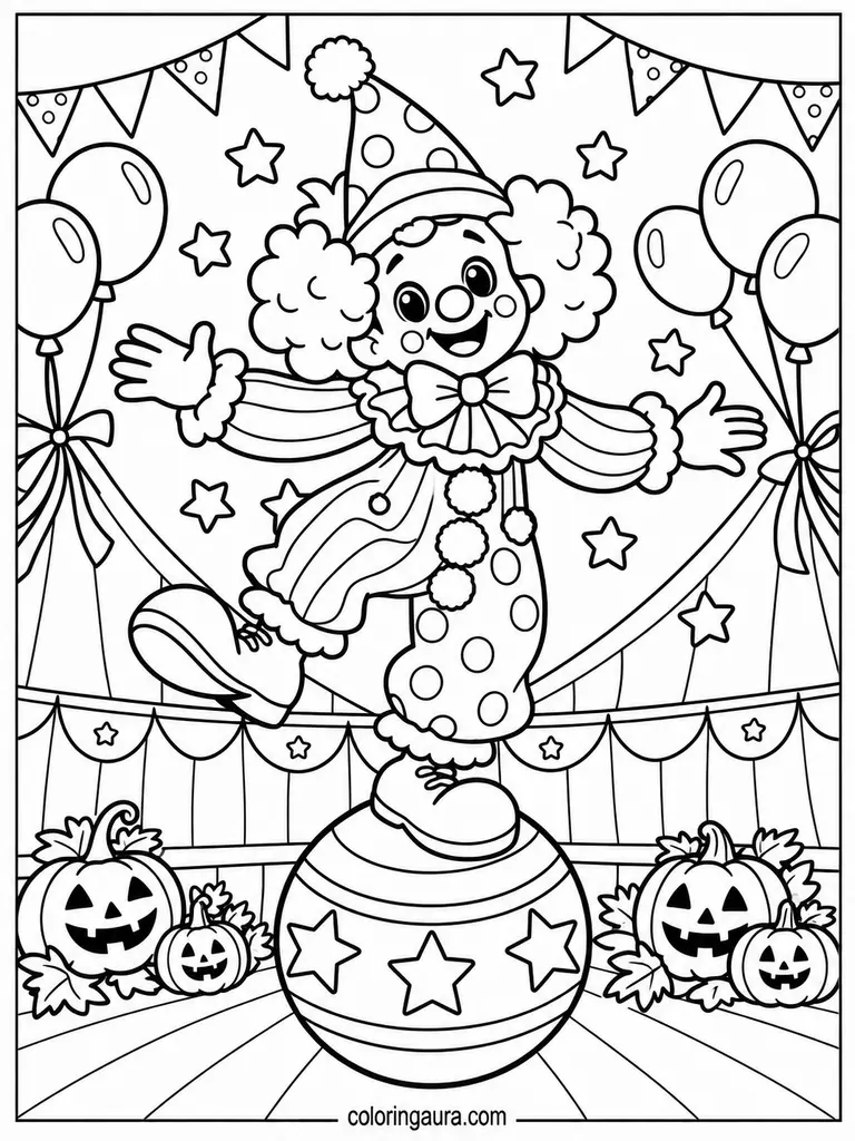 Clown Balancing on Circus Ball Coloring Page