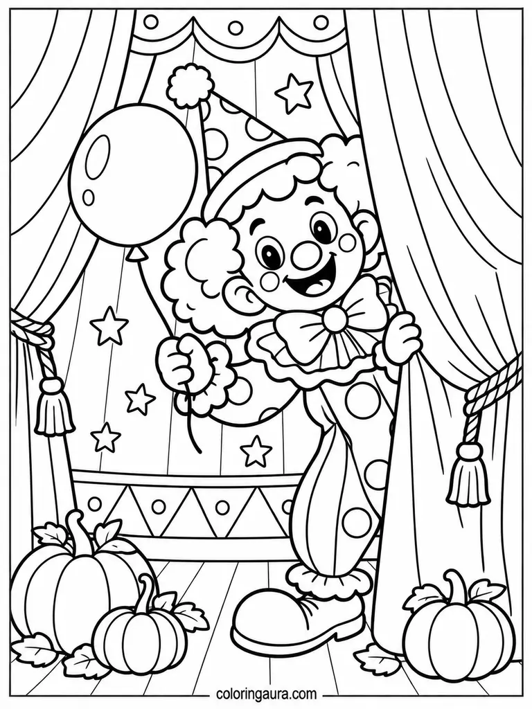 Clown Peeking Behind Circus Curtain Coloring Page