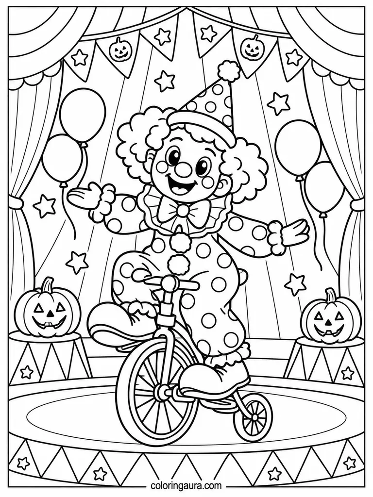Clown Riding Circus Bicycle Coloring Page