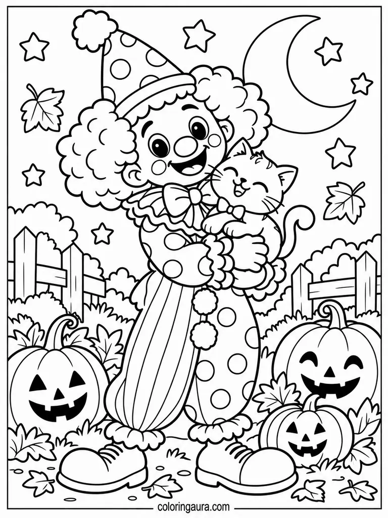 Clown and Friendly Cat Halloween Coloring Page