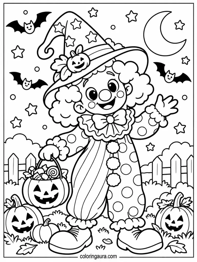  Clown in Witch Hat Halloween Coloring Page