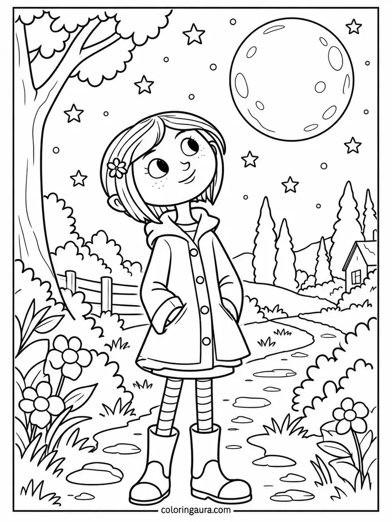 Coraline Under the Moon Coloring Page