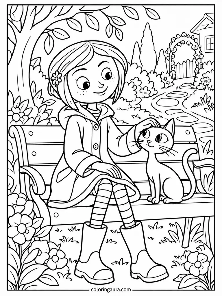 Coraline and Black Cat Coloring Page