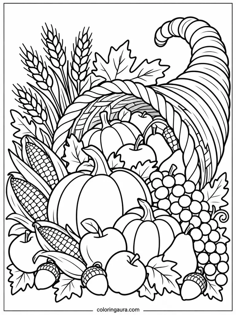 Thanksgiving Cornucopia Harvest Coloring Page
