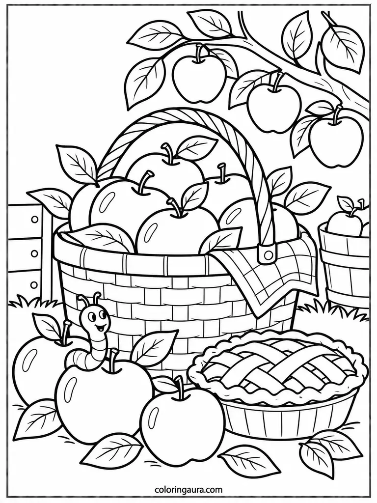 Cute Apple Harvest Coloring Page