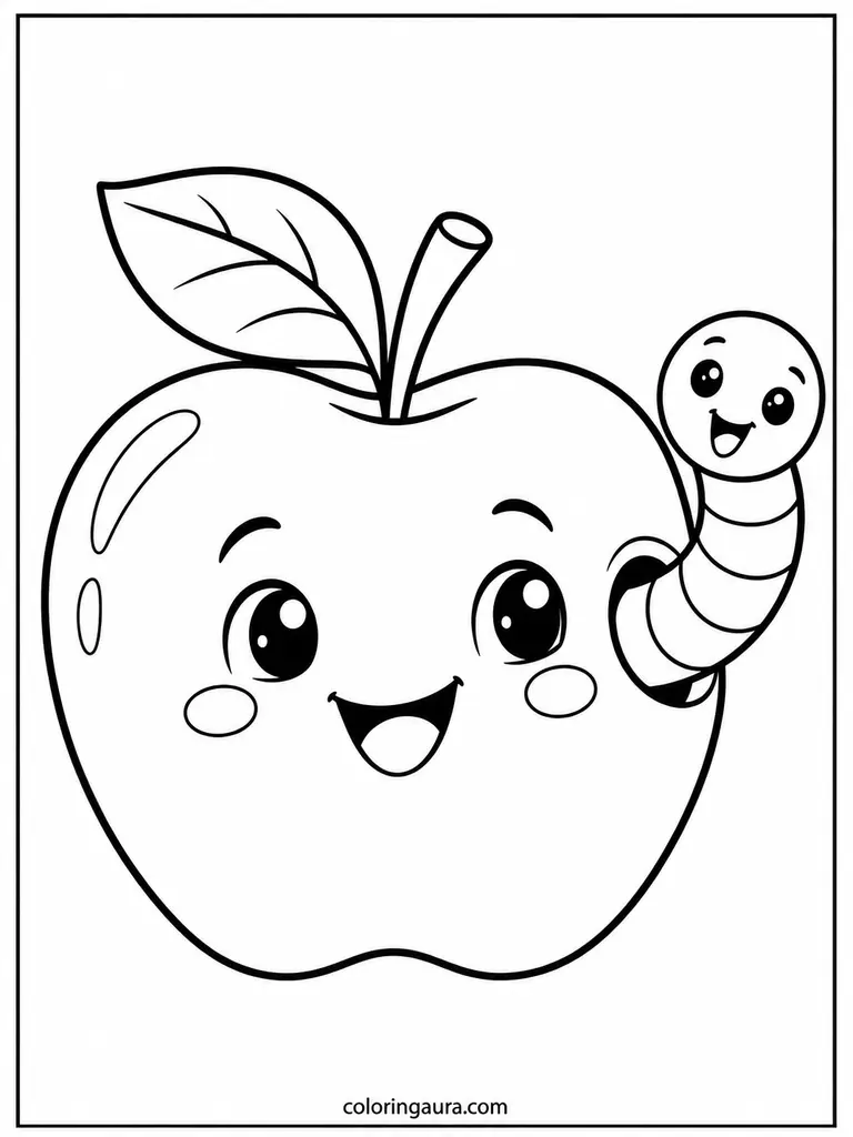 Cute Apple With Worm Coloring Page