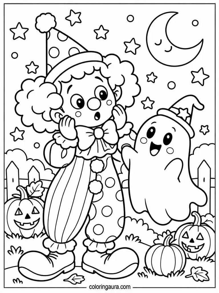 Cute Clown and Friendly Ghost Coloring Page