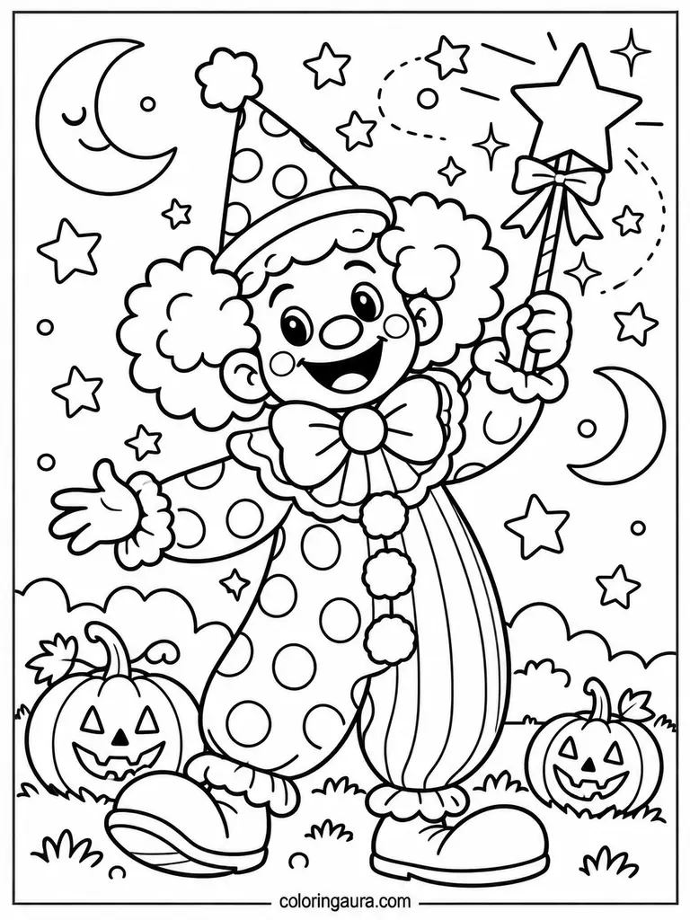Cute Clown with Magic Wand Coloring Page