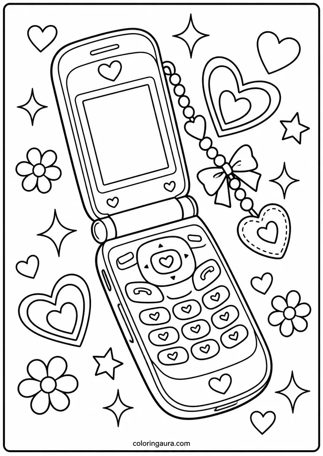 Cute Flip Phone Hearts Coloring Page