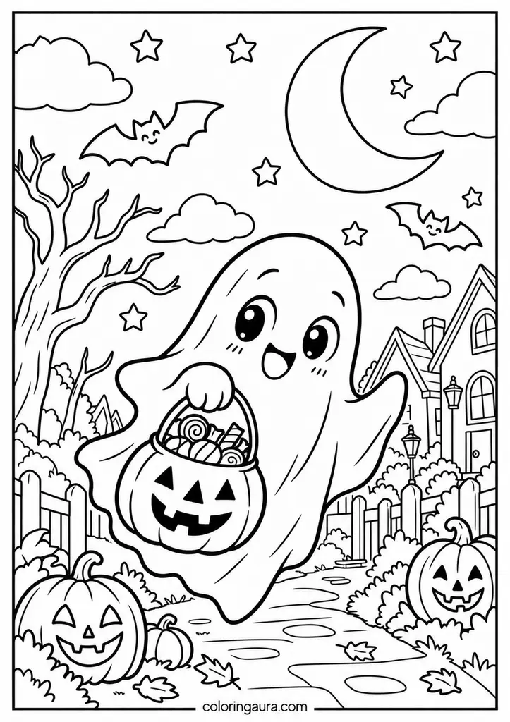 Cute Ghost Trick-or-Treat Coloring Page