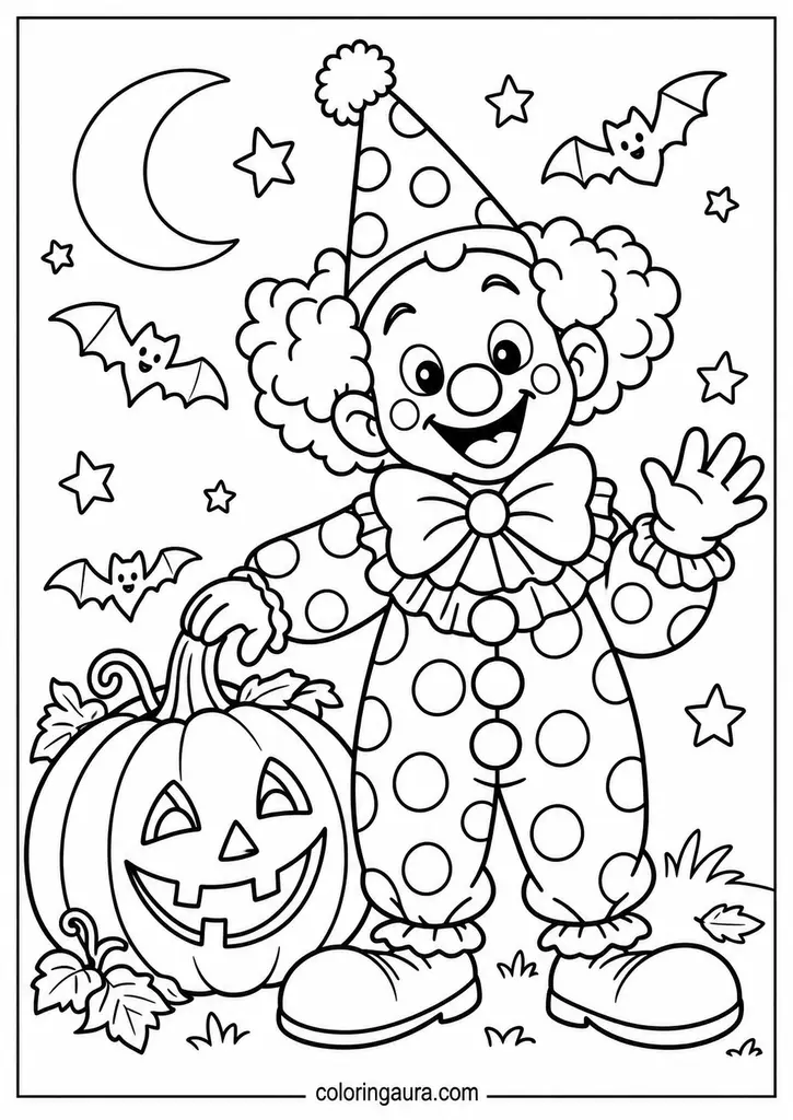 clowns coloring pages | Cute Halloween Clown with Pumpkin Coloring Page