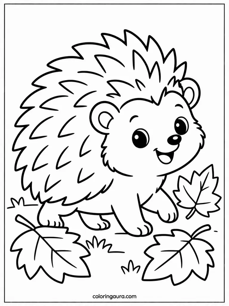 Cute Hedgehog Autumn Leaves Coloring Page