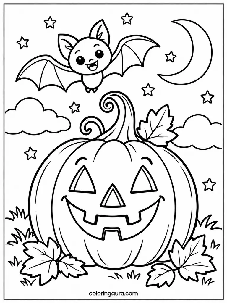 Cute Jack-O-Lantern and Bat Coloring Page