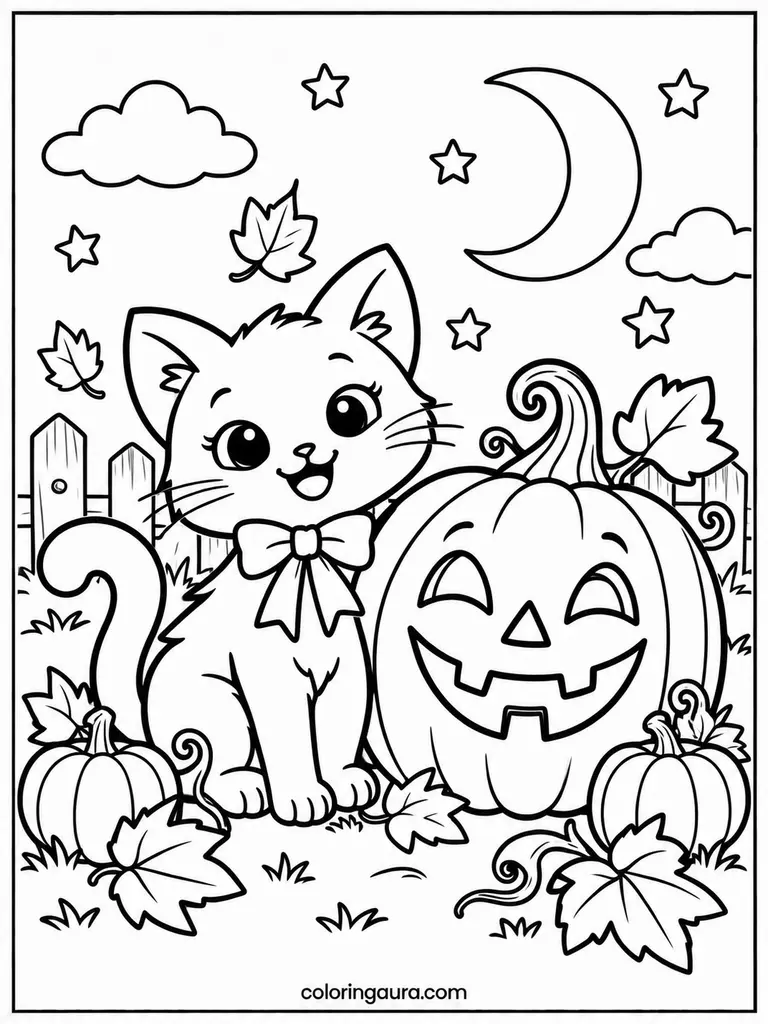 Cute Jack-O-Lantern and Cat Coloring Page