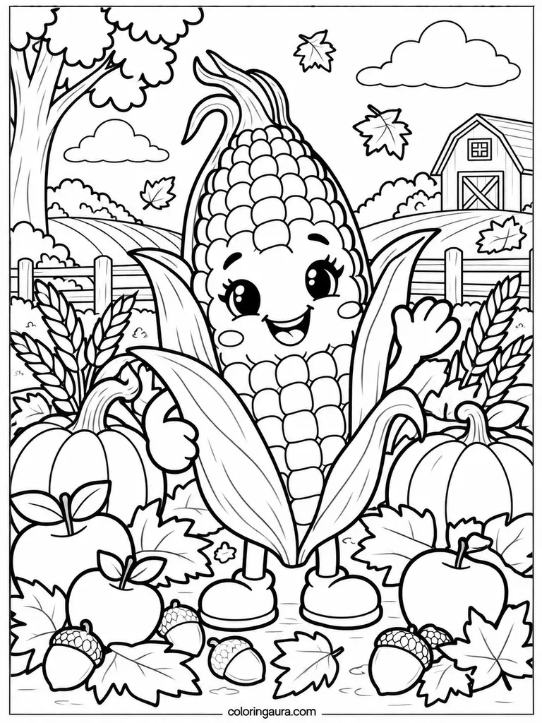 Cute Thanksgiving Corn Character Coloring Page