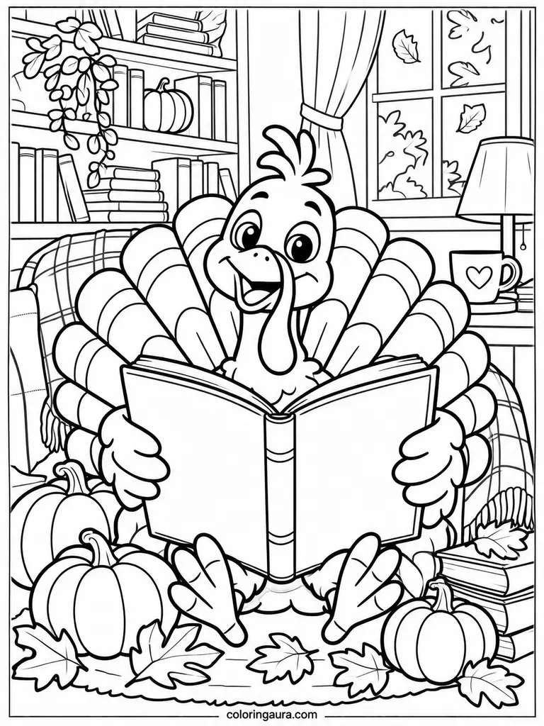 Cute Turkey Reading Thanksgiving Book Coloring Page