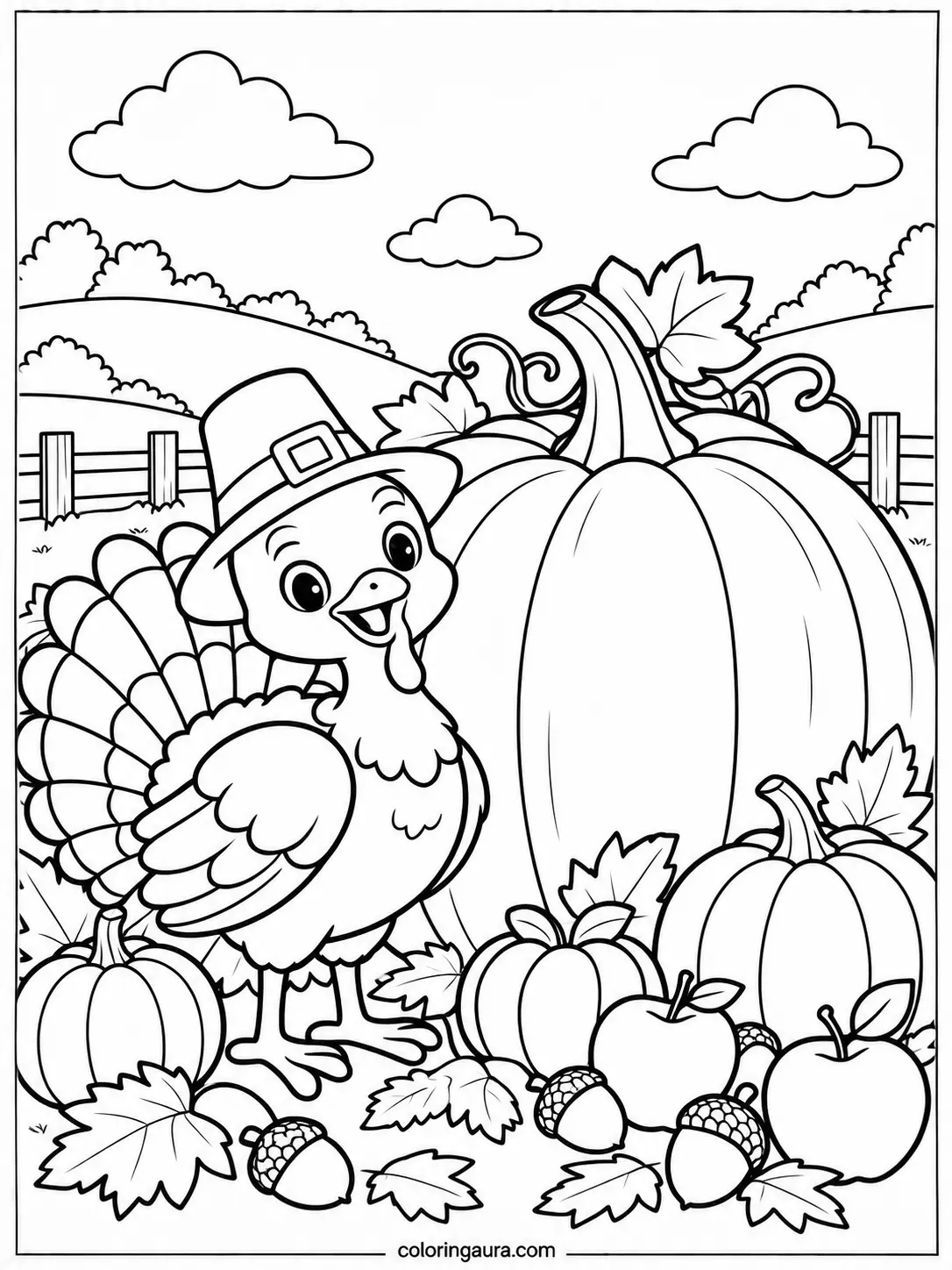 Cute Turkey and Giant Pumpkin Coloring Page
