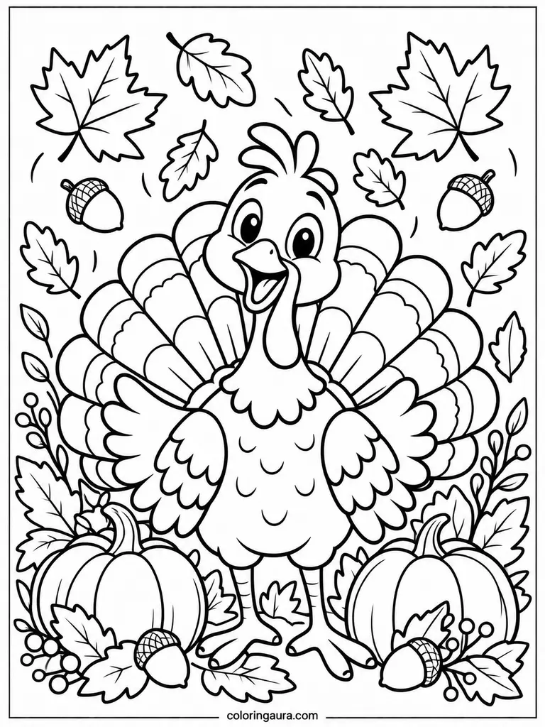 Thanksgiving Turkey With Autumn Leaves Coloring Page