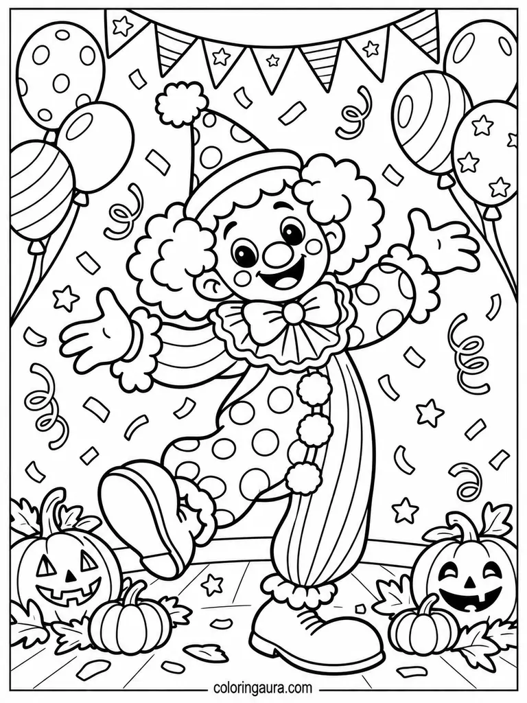 Dancing Clown with Confetti Coloring Page