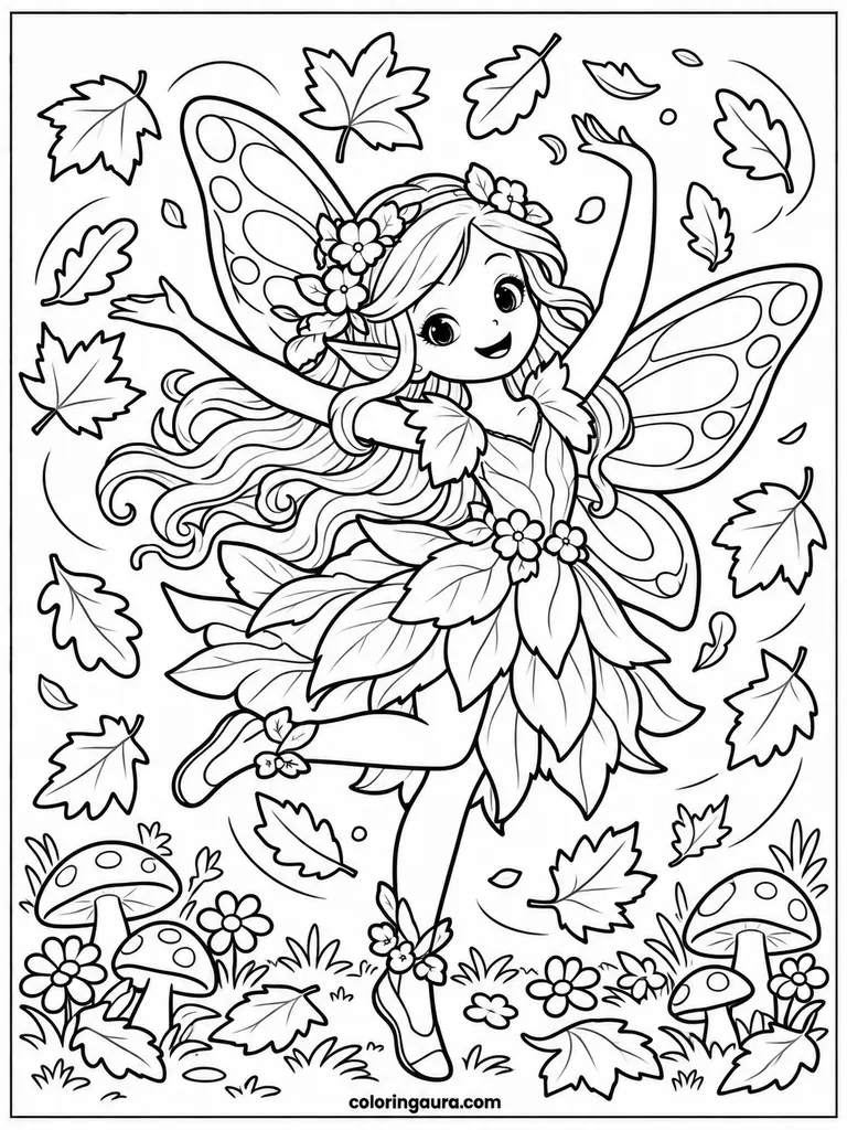 Dancing Fairy with Falling Leaves Coloring Page