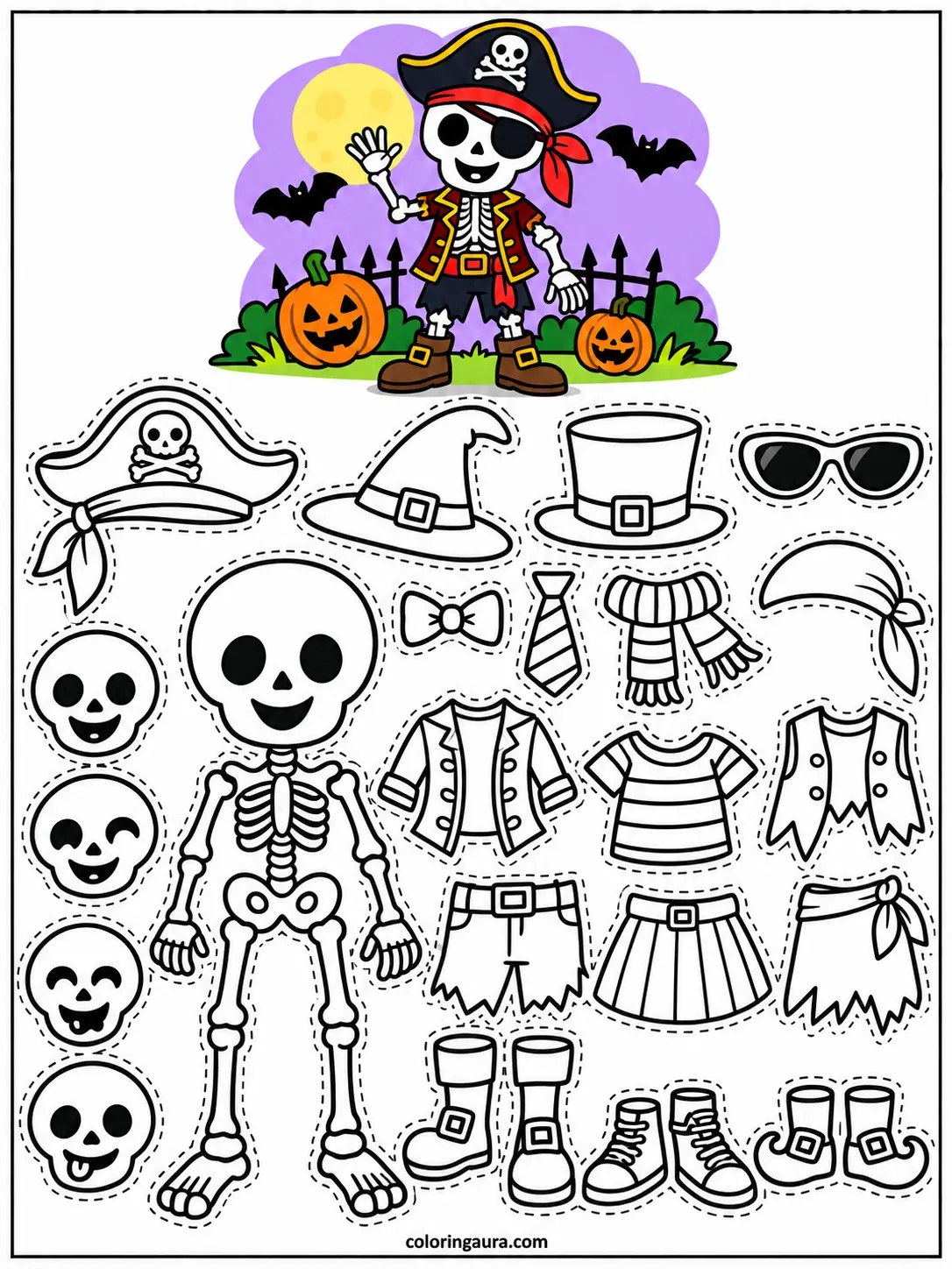Dress the Skeleton Halloween Coloring Page