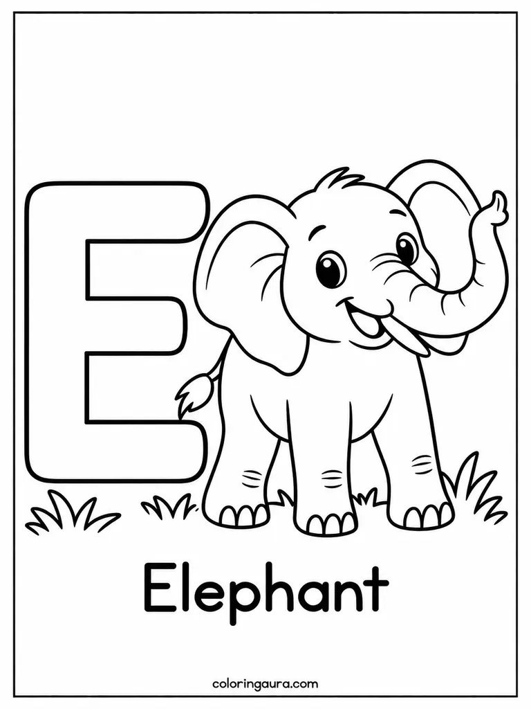 E Is for Elephant Coloring Page