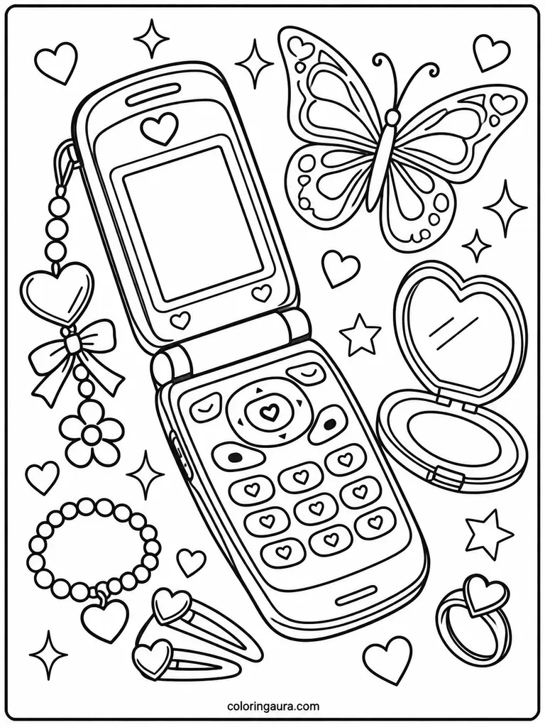 Early 2000s Phone and Butterfly Coloring Page