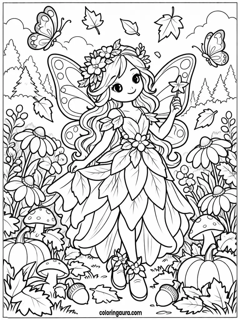 Enchanted Autumn Fairy Meadow Coloring Page