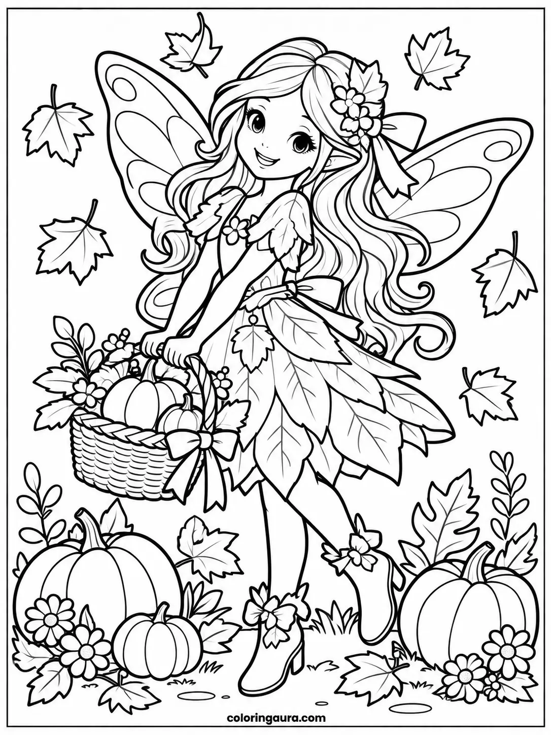 Fairy Carrying a Pumpkin Basket Coloring Page