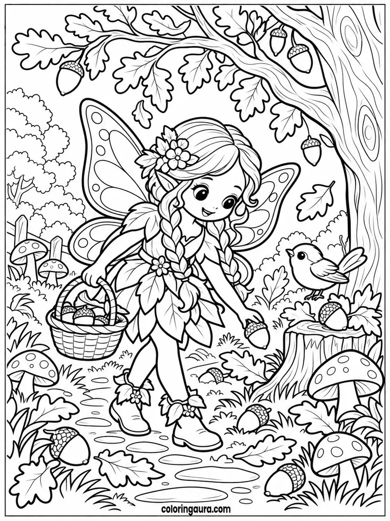 Fairy Collecting Acorns Coloring Page