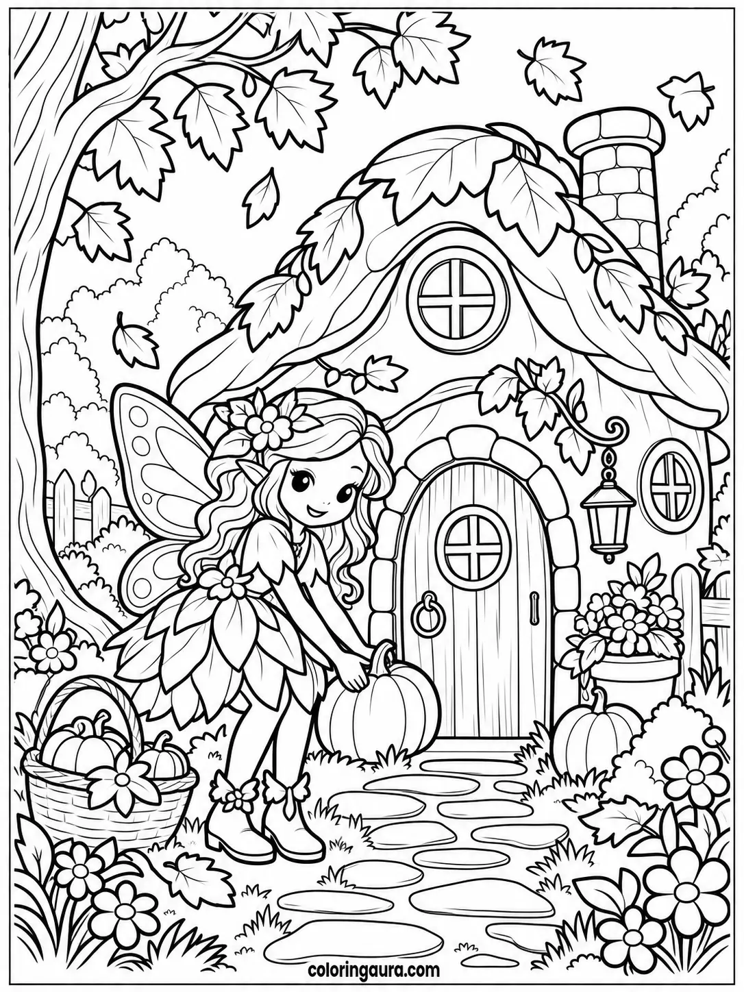 Fairy Decorating an Autumn Cottage Coloring Page