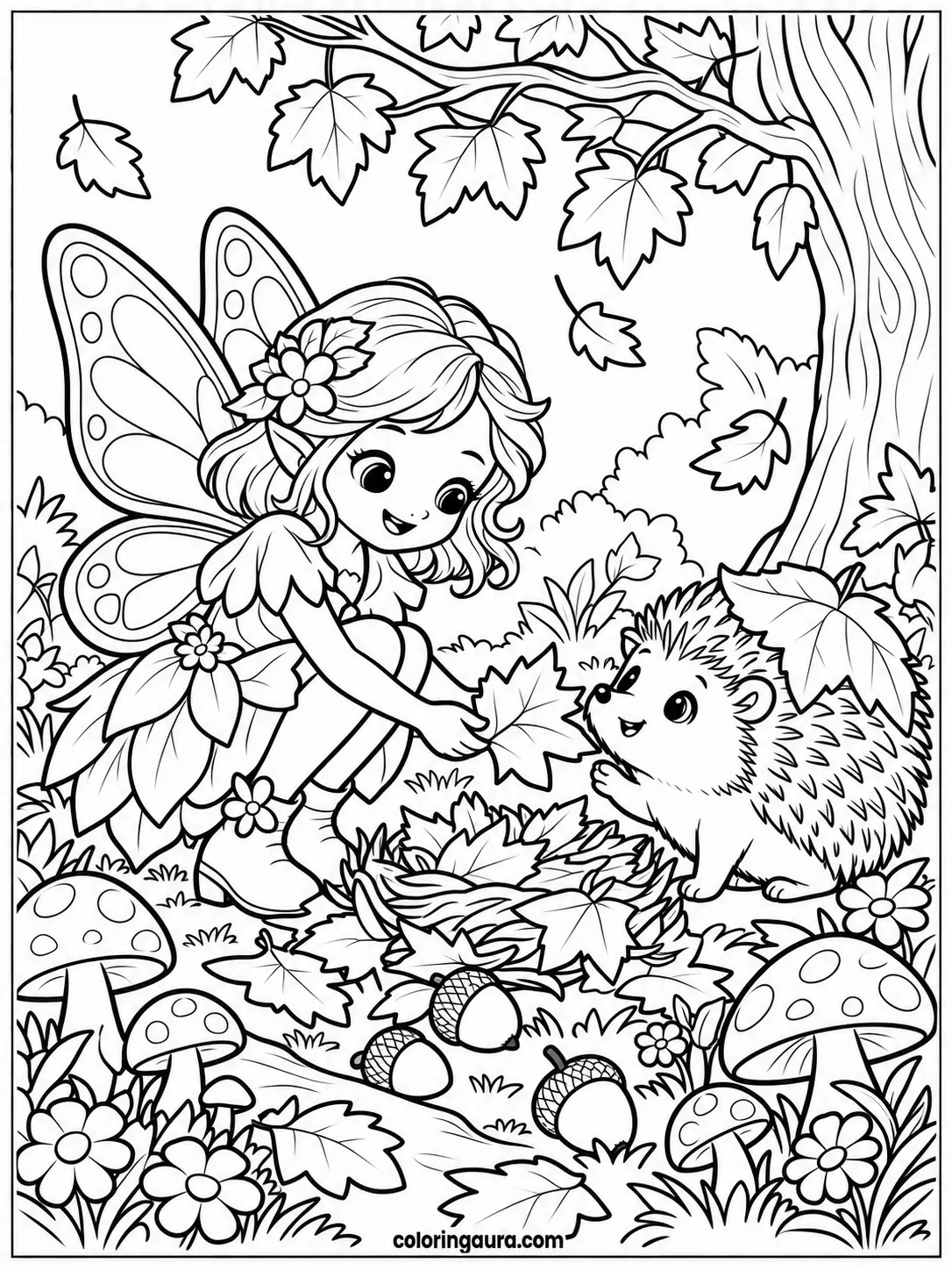 Fairy Helping a Hedgehog Coloring Page