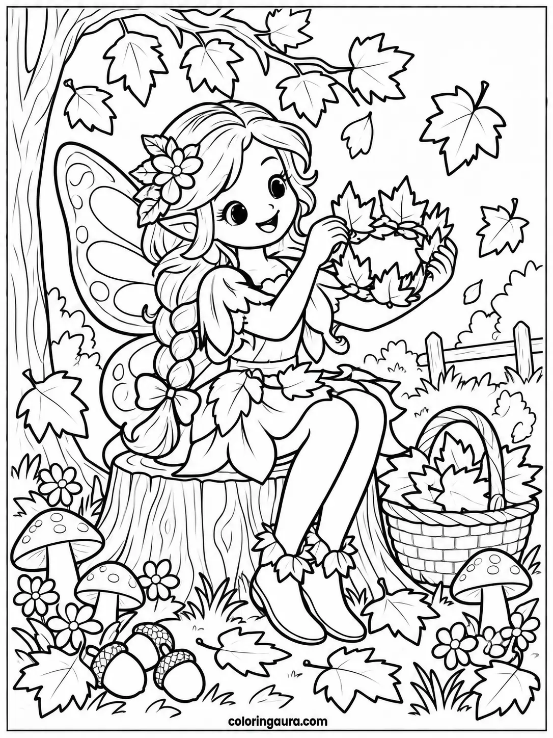 Fairy Making an Autumn Leaf Crown Coloring Page