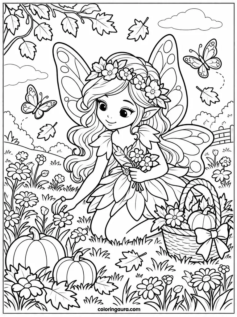 Fairy Picking Autumn Flowers Coloring Page
