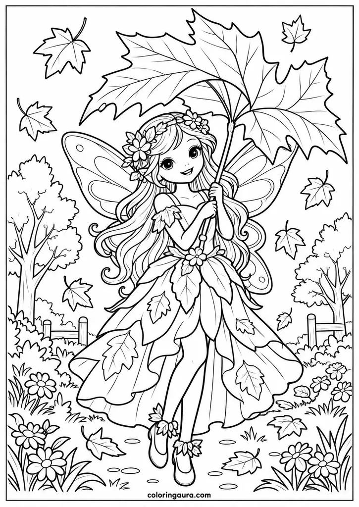 Fairy Princess Holding an Autumn Leaf Coloring Page