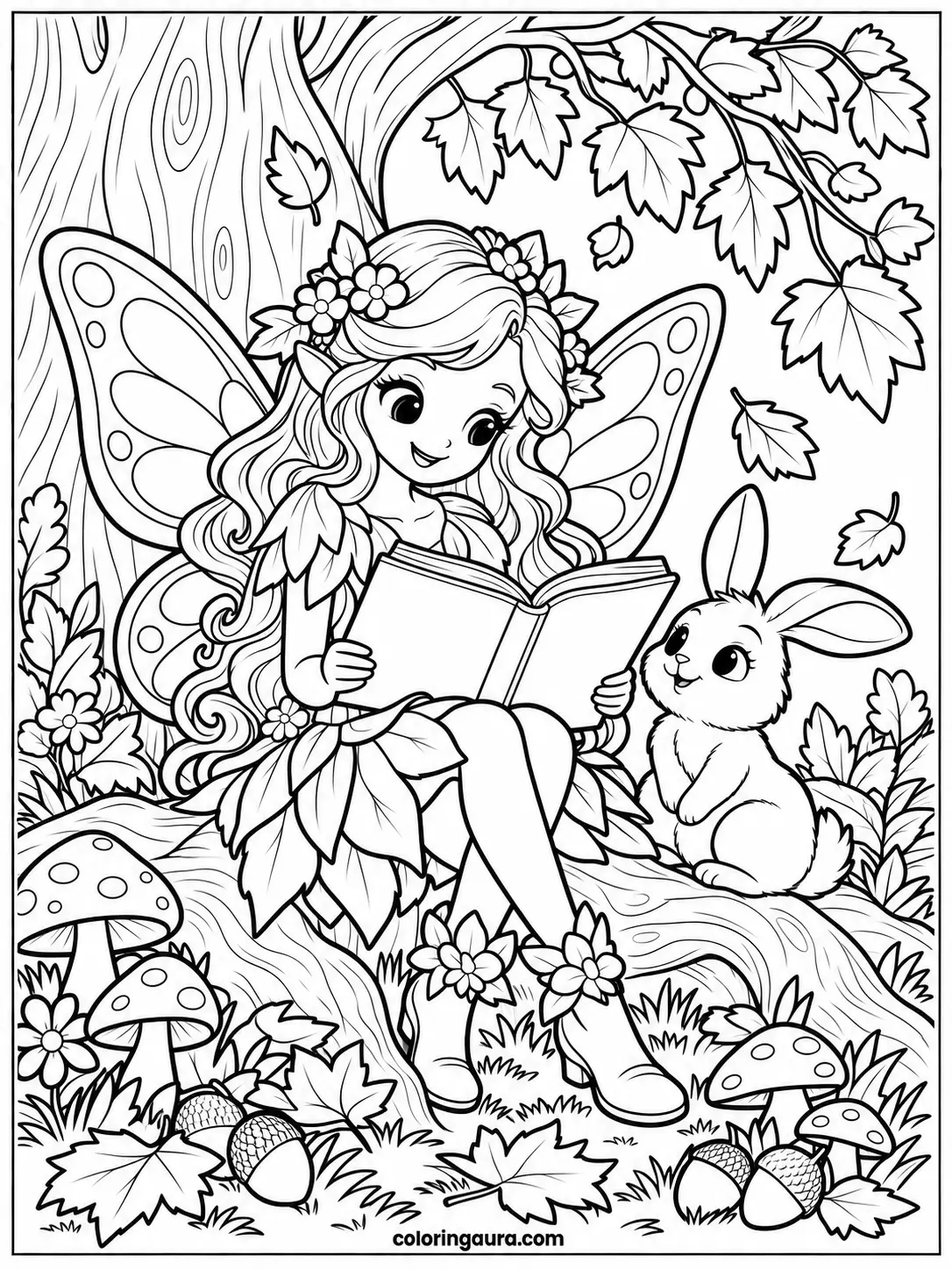 Fairy Reading Under an Autumn Tree Coloring Page