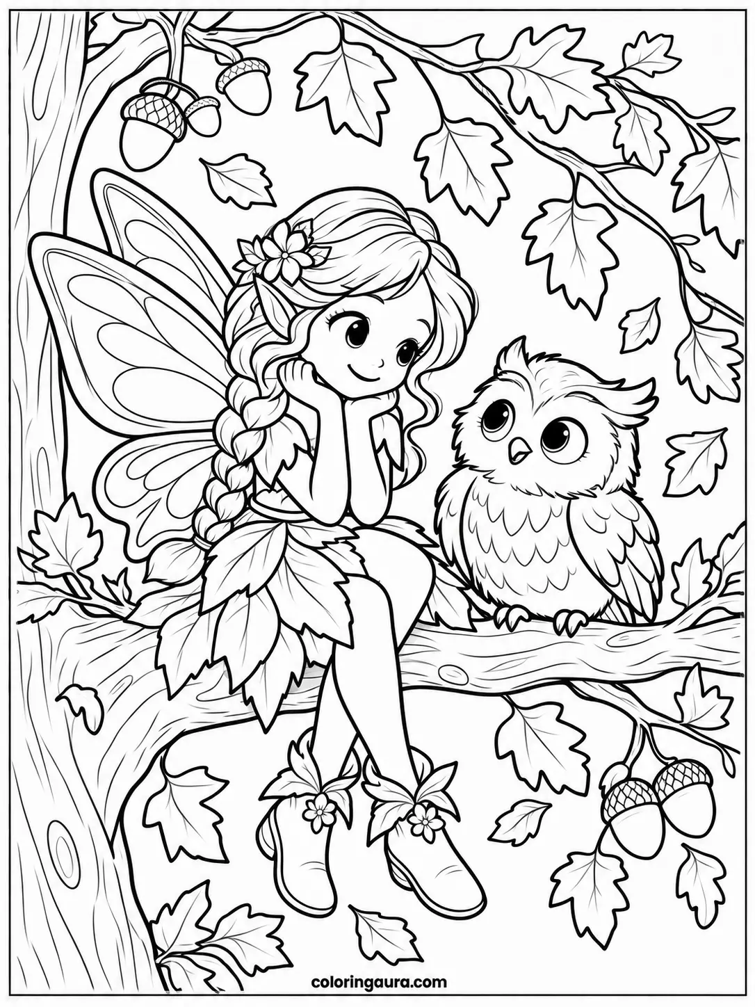 Fairy and Owl Autumn Coloring Page