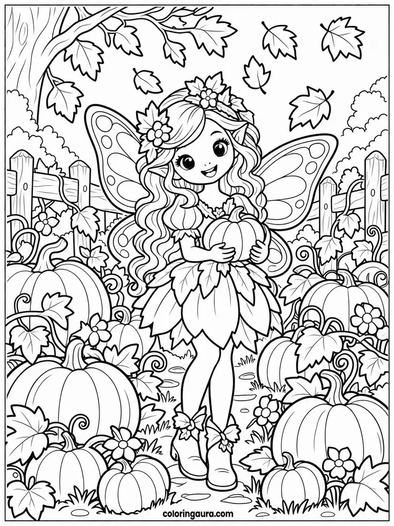 Fairy in a Pumpkin Patch Coloring Page