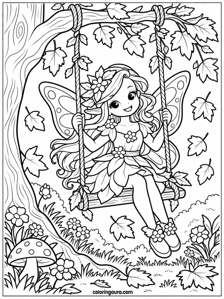 Fairy on an Autumn Tree Swing Coloring Page