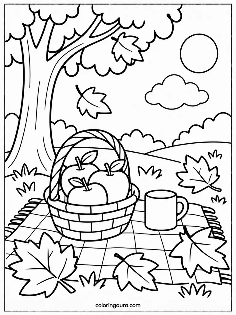 Fall Picnic With Apples Coloring Page