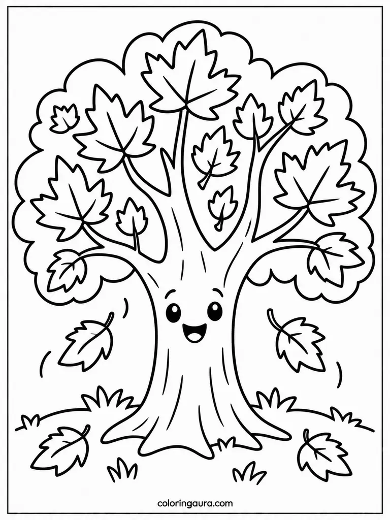 Fall Tree With Big Leaves Coloring Page