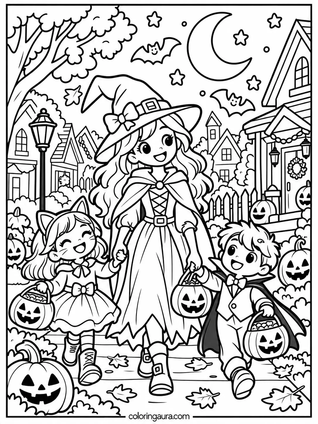 Family Trick-or-Treating Coloring Page