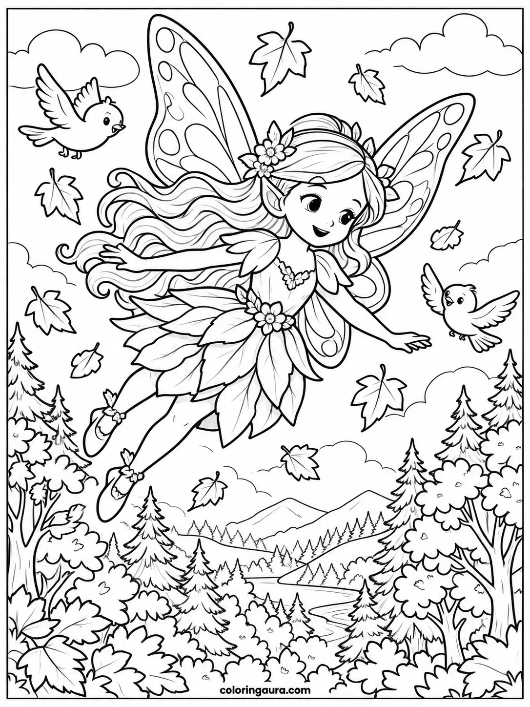 Flying Autumn Fairy Forest Coloring Page