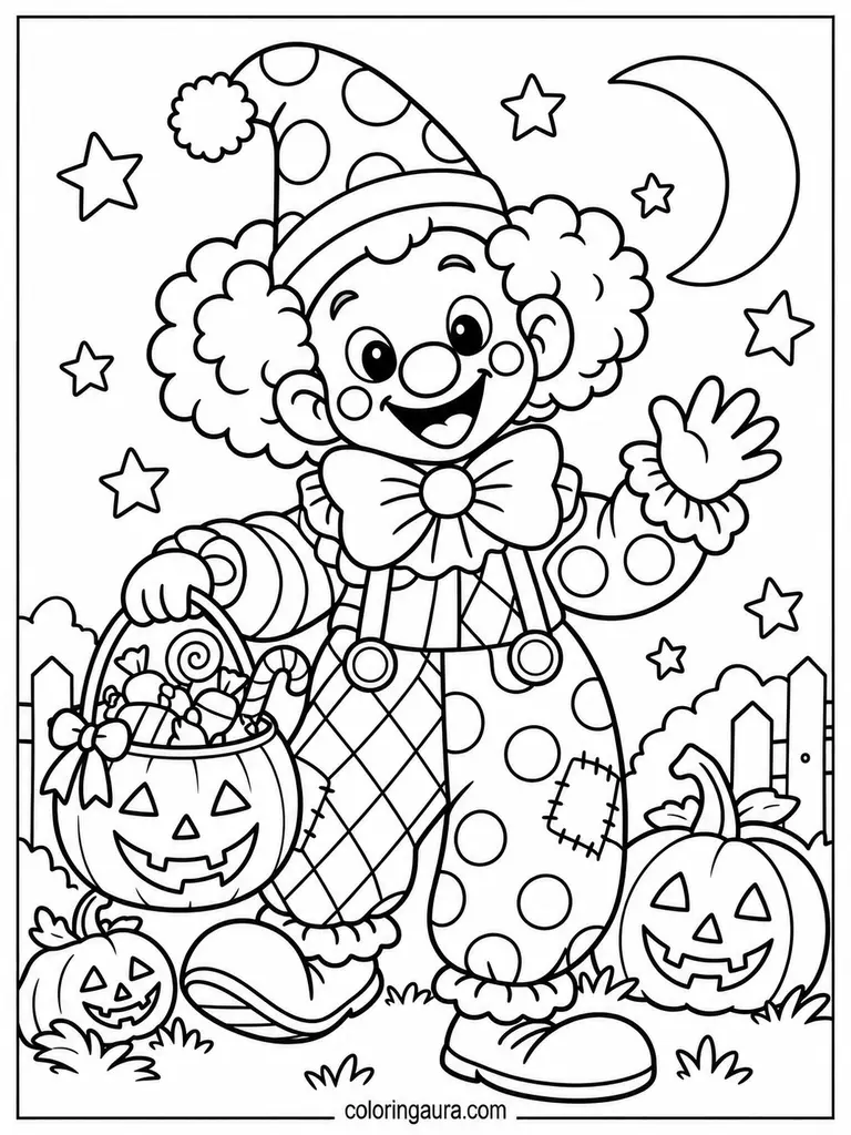 Friendly Clown with Candy Basket Coloring Page