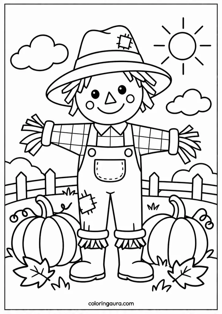 Friendly Scarecrow Pumpkin Patch Coloring Page