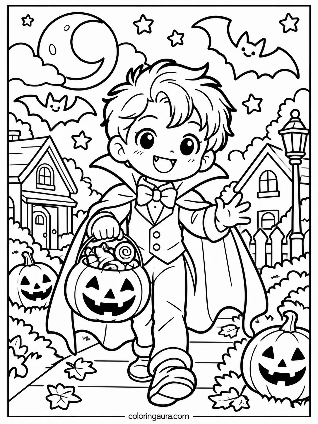 Friendly Vampire Candy Bucket Coloring Page